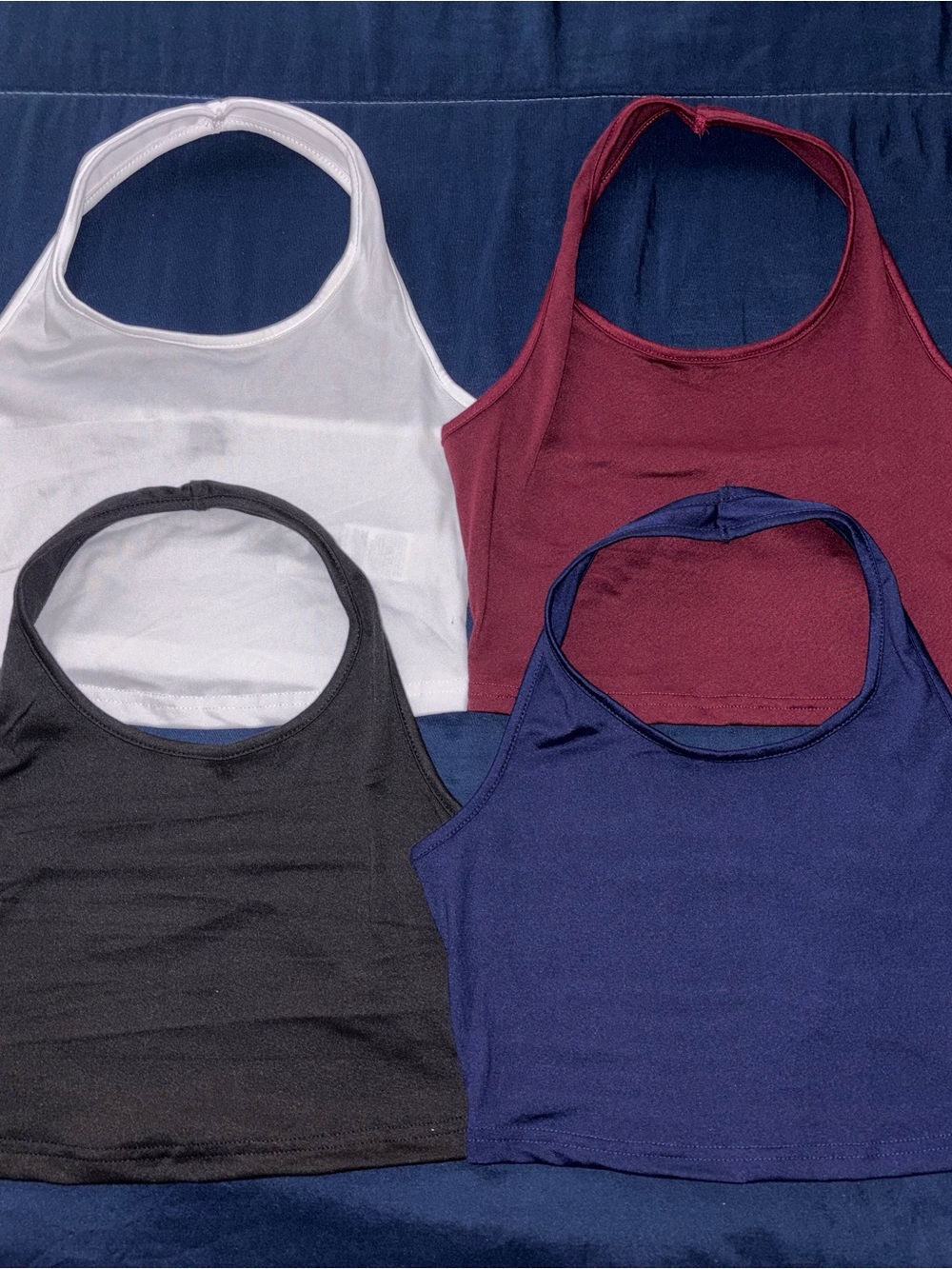 4-Pack Halter Crop Tops - White, Black, Navy, Burgundy